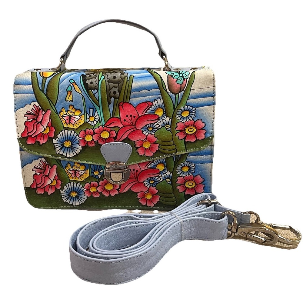 Sukriti Leather Artisan Painted Floral Crossbody‎ Messenger Bag Kitsch Novelty